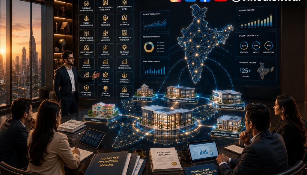 Education Franchise Guide showing a scalable education franchise network with standardized systems, curriculum, technology, and franchise expansion across India.
