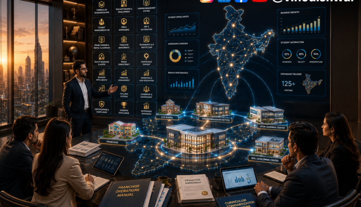 Education Franchise Guide showing a scalable education franchise network with standardized systems, curriculum, technology, and franchise expansion across India.
