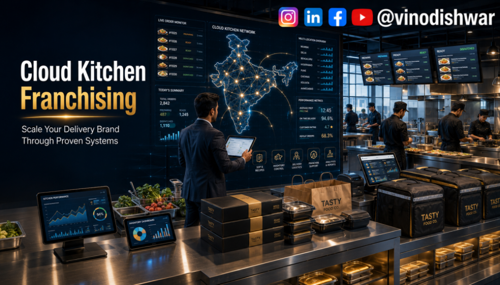 Cloud Kitchen Franchising showing the expansion of a delivery-only food brand through standardized kitchen operations, franchise systems, digital order management, and scalable business growth.