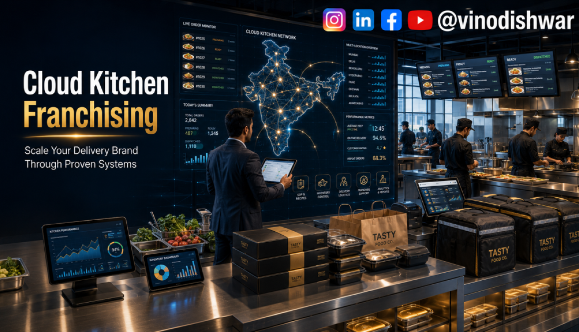 Cloud Kitchen Franchising showing the expansion of a delivery-only food brand through standardized kitchen operations, franchise systems, digital order management, and scalable business growth.