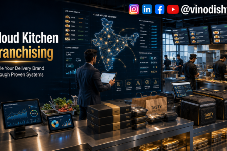 Cloud Kitchen Franchising showing the expansion of a delivery-only food brand through standardized kitchen operations, franchise systems, digital order management, and scalable business growth.
