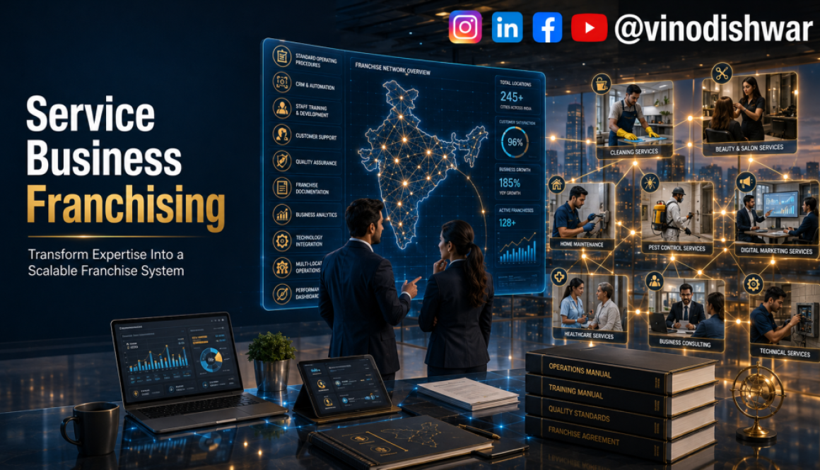 Service Business Franchising showing scalable franchise operations, standardized SOPs, staff training, customer service, technology integration, and nationwide business expansion.