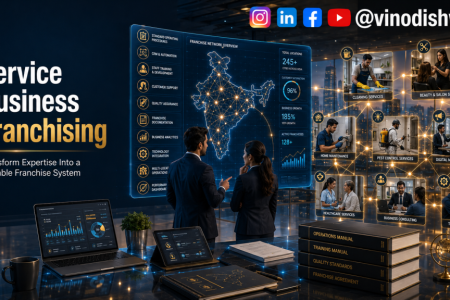 Service Business Franchising showing scalable franchise operations, standardized SOPs, staff training, customer service, technology integration, and nationwide business expansion.