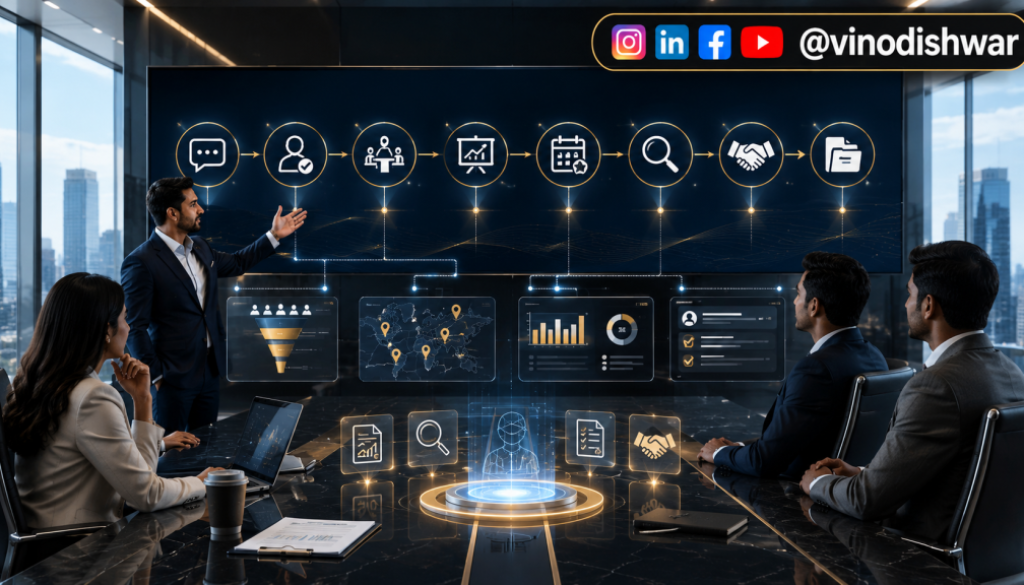 **Create a premium, ultra-modern 16:9 landscape featured image (1920×1080) illustrating the "Franchise Discovery Process" in a clean, corporate, and highly professional style. The scene should depict a sophisticated franchise consultant presenting a structured discovery journey to two or three prospective franchise investors inside a contemporary executive boardroom with floor-to-ceiling glass windows and subtle city skyline views. Display a sleek digital presentation screen showing a visual franchise journey: Initial Inquiry → Qualification → Consultation → Business Presentation → Discovery Day → Due Diligence → Franchise Agreement → Onboarding, represented only through elegant icons and connected workflow graphics (avoid readable text). Include premium business elements such as handshake, magnifying glass for evaluation, checklist clipboard, financial documents, CRM dashboard, AI analytics interface, calendar scheduling, territory map, onboarding folder, and subtle growth charts. Add futuristic transparent holographic UI panels with CRM data, lead progress indicators, AI insights, and workflow automation visuals to emphasize technology-driven franchise recruitment. Use a refined color palette of deep navy blue (#0B3A63), white, soft grey, and elegant gold (#C89B3C) accents. Lighting should be bright, natural, and premium with soft reflections and depth, conveying trust, transparency, strategic decision-making, and long-term business partnerships. The composition should be minimalistic, balanced, spacious, and luxurious with a clear focal point in the center, leaving clean negative space for website cropping. Avoid logos, watermarks, readable text, cartoon elements, clutter, or stock-photo appearance. The final artwork should look unique, executive-level, and suitable as a high-end featured image for a 2026 franchise consulting blog on the Franchise Discovery Process. Branding: Include Instagram, LinkedIn, Facebook, and YouTube icons with the handle @vinodishwar in the top-right corner. Make sure to Increase the size of the social media handle and make it look visible Do NOT include the Franchise Alpha logo or any watermark. make sure that the image you generate now is unique than the previous ones make sure to generate a unique image