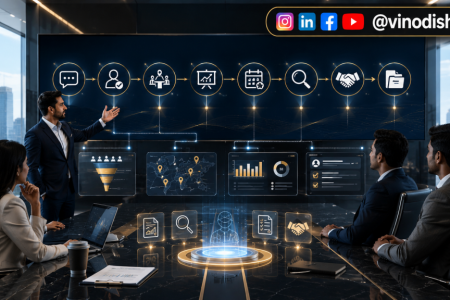 **Create a premium, ultra-modern 16:9 landscape featured image (1920×1080) illustrating the "Franchise Discovery Process" in a clean, corporate, and highly professional style. The scene should depict a sophisticated franchise consultant presenting a structured discovery journey to two or three prospective franchise investors inside a contemporary executive boardroom with floor-to-ceiling glass windows and subtle city skyline views. Display a sleek digital presentation screen showing a visual franchise journey: Initial Inquiry → Qualification → Consultation → Business Presentation → Discovery Day → Due Diligence → Franchise Agreement → Onboarding, represented only through elegant icons and connected workflow graphics (avoid readable text). Include premium business elements such as handshake, magnifying glass for evaluation, checklist clipboard, financial documents, CRM dashboard, AI analytics interface, calendar scheduling, territory map, onboarding folder, and subtle growth charts. Add futuristic transparent holographic UI panels with CRM data, lead progress indicators, AI insights, and workflow automation visuals to emphasize technology-driven franchise recruitment. Use a refined color palette of deep navy blue (#0B3A63), white, soft grey, and elegant gold (#C89B3C) accents. Lighting should be bright, natural, and premium with soft reflections and depth, conveying trust, transparency, strategic decision-making, and long-term business partnerships. The composition should be minimalistic, balanced, spacious, and luxurious with a clear focal point in the center, leaving clean negative space for website cropping. Avoid logos, watermarks, readable text, cartoon elements, clutter, or stock-photo appearance. The final artwork should look unique, executive-level, and suitable as a high-end featured image for a 2026 franchise consulting blog on the Franchise Discovery Process. Branding: Include Instagram, LinkedIn, Facebook, and YouTube icons with the handle @vinodishwar in the top-right corner. Make sure to Increase the size of the social media handle and make it look visible Do NOT include the Franchise Alpha logo or any watermark. make sure that the image you generate now is unique than the previous ones make sure to generate a unique image