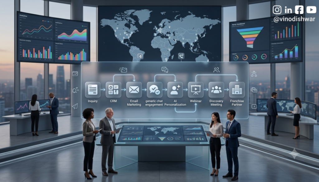 Franchise Lead Nurturing Strategy workflow using CRM, AI, email marketing and WhatsApp automation