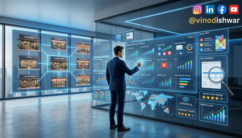 Digital Marketing for Franchise Businesses strategy with SEO, social media, online advertising, and multi-location franchise marketing dashboard