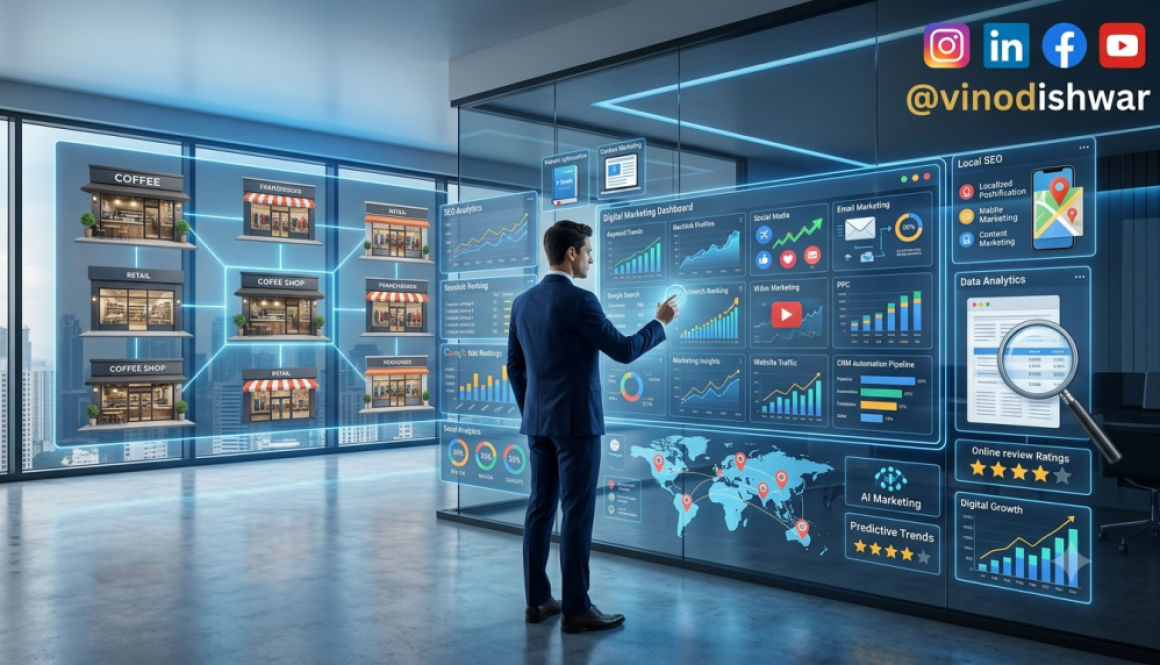 Digital Marketing for Franchise Businesses strategy with SEO, social media, online advertising, and multi-location franchise marketing dashboard