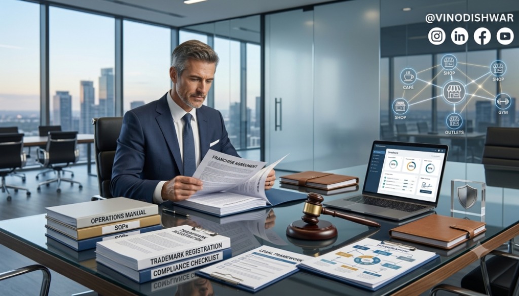 Franchise Agreement Development Guide showing franchise agreement, legal contract, trademark protection, SOPs, and franchise documentation