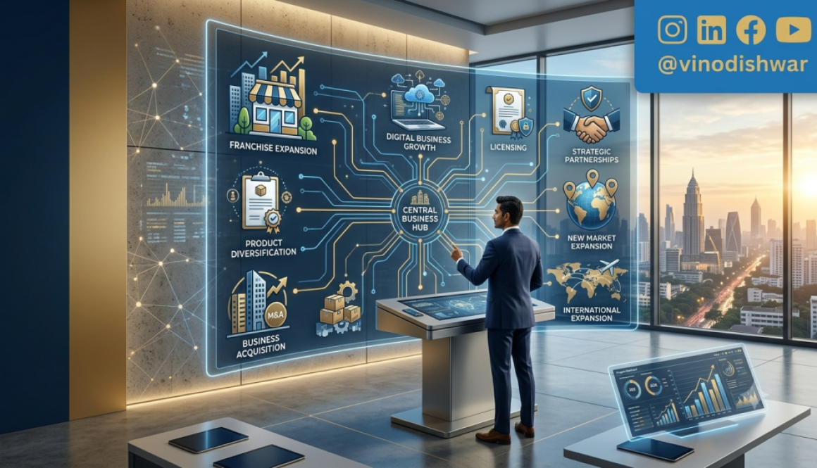 Business Expansion Strategies roadmap showing a business leader planning franchise growth, market expansion, licensing, partnerships, and digital business scaling.