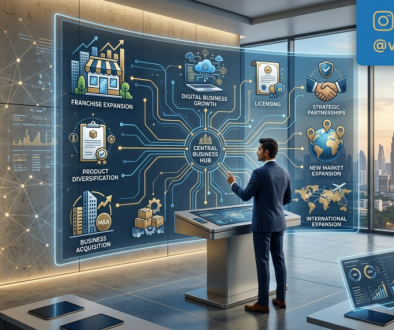 Business Expansion Strategies roadmap showing a business leader planning franchise growth, market expansion, licensing, partnerships, and digital business scaling.