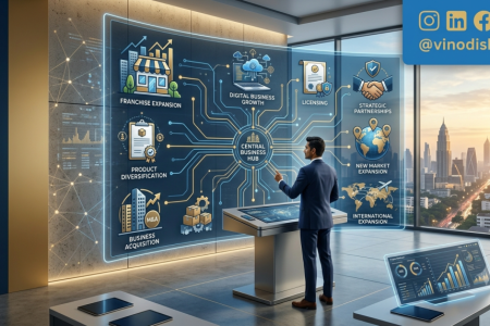 Business Expansion Strategies roadmap showing a business leader planning franchise growth, market expansion, licensing, partnerships, and digital business scaling.