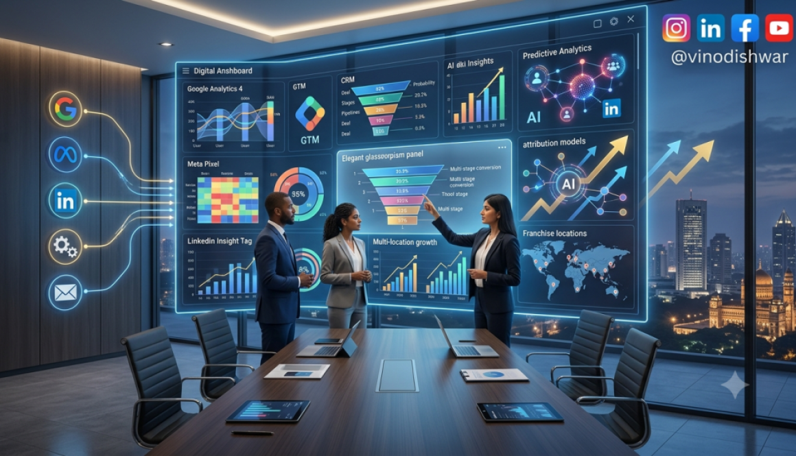 Marketing Analytics for Franchise Businesses dashboard showing GA4 analytics, CRM reporting, AI insights and franchise growth metrics