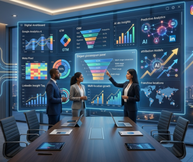 Marketing Analytics for Franchise Businesses dashboard showing GA4 analytics, CRM reporting, AI insights and franchise growth metrics