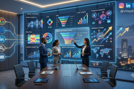 Marketing Analytics for Franchise Businesses dashboard showing GA4 analytics, CRM reporting, AI insights and franchise growth metrics