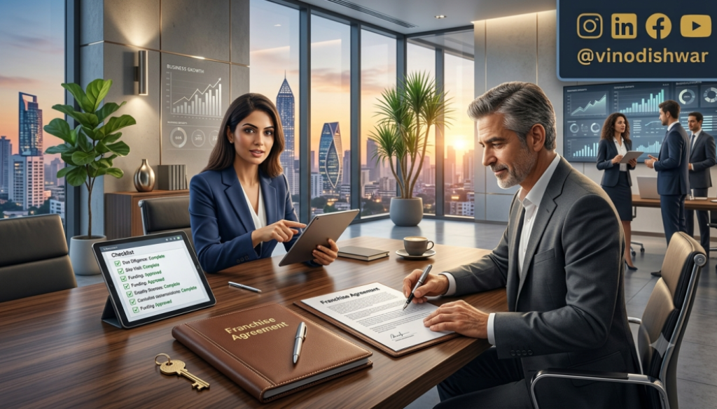 Franchise Closing Process meeting with a franchisor and investor reviewing a franchise agreement in a modern executive boardroom before signing the partnership.
