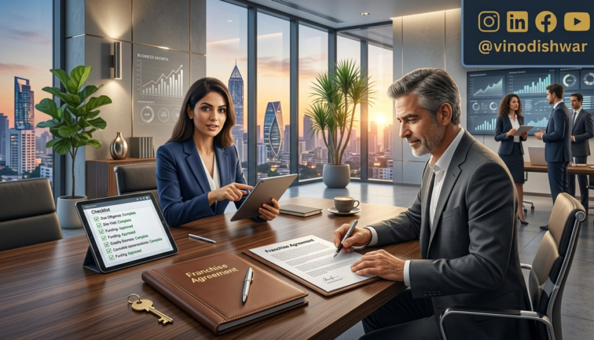 Franchise Closing Process meeting with a franchisor and investor reviewing a franchise agreement in a modern executive boardroom before signing the partnership.