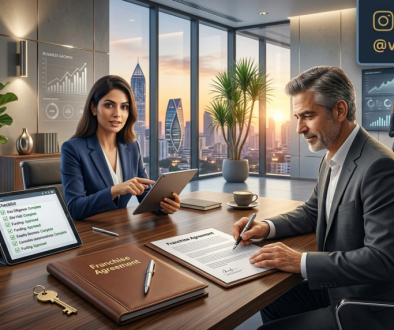 Franchise Closing Process meeting with a franchisor and investor reviewing a franchise agreement in a modern executive boardroom before signing the partnership.