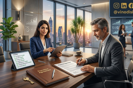 Franchise Closing Process meeting with a franchisor and investor reviewing a franchise agreement in a modern executive boardroom before signing the partnership.