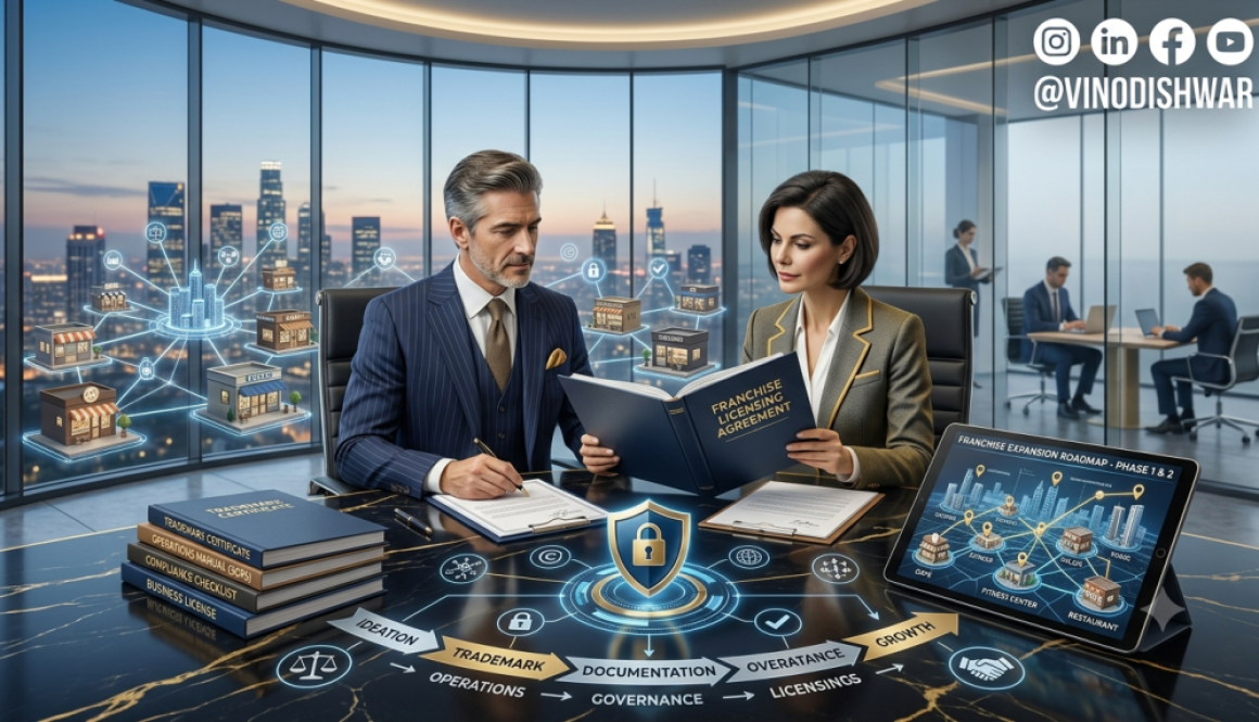 Franchise Licensing Process showing franchise agreement, intellectual property protection, business expansion, and legal documentation