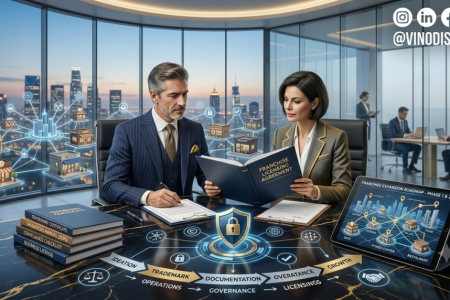 Franchise Licensing Process showing franchise agreement, intellectual property protection, business expansion, and legal documentation