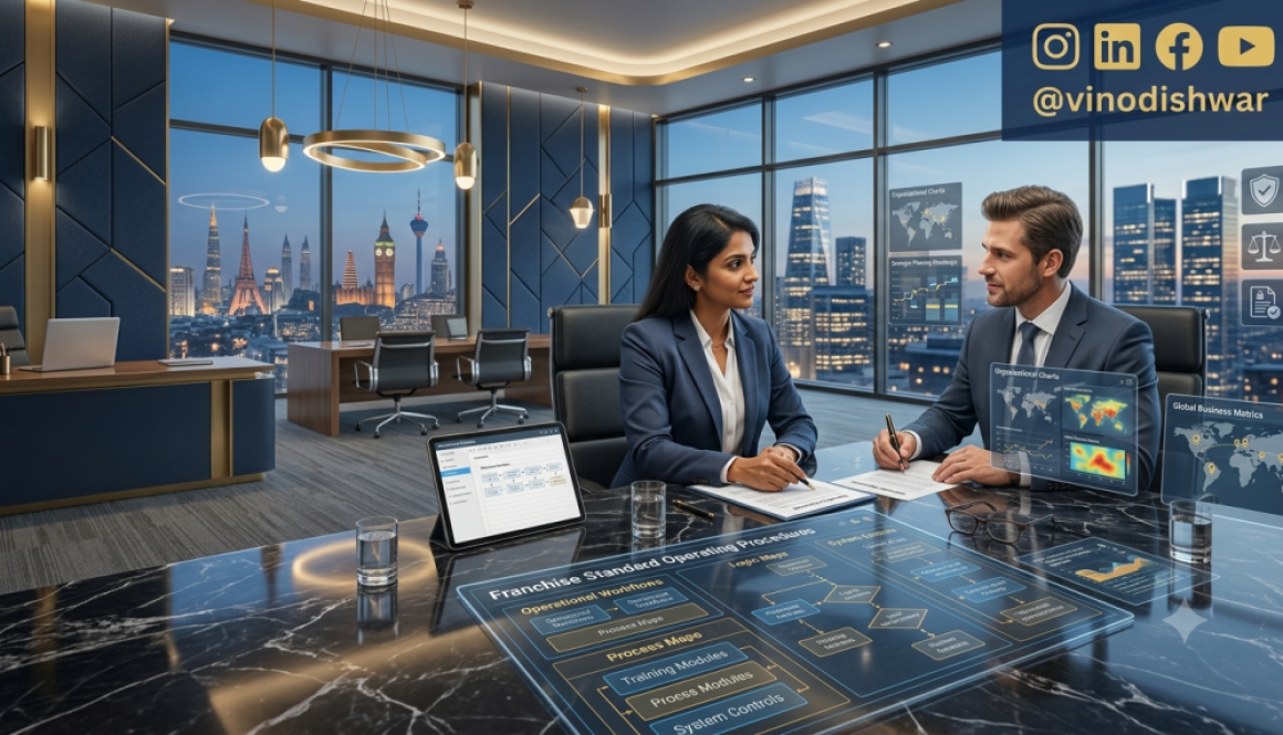 Franchise Disclosure Guide showing a franchisor presenting a franchise disclosure document to a prospective franchisee during a professional business meeting.