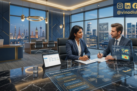 Franchise Disclosure Guide showing a franchisor presenting a franchise disclosure document to a prospective franchisee during a professional business meeting.