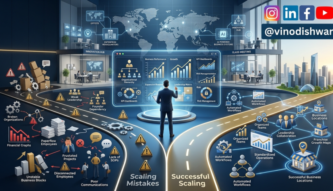 Business Scaling Mistakes illustration showing an entrepreneur choosing between failed growth strategies and sustainable business scaling.