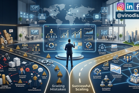Business Scaling Mistakes illustration showing an entrepreneur choosing between failed growth strategies and sustainable business scaling.