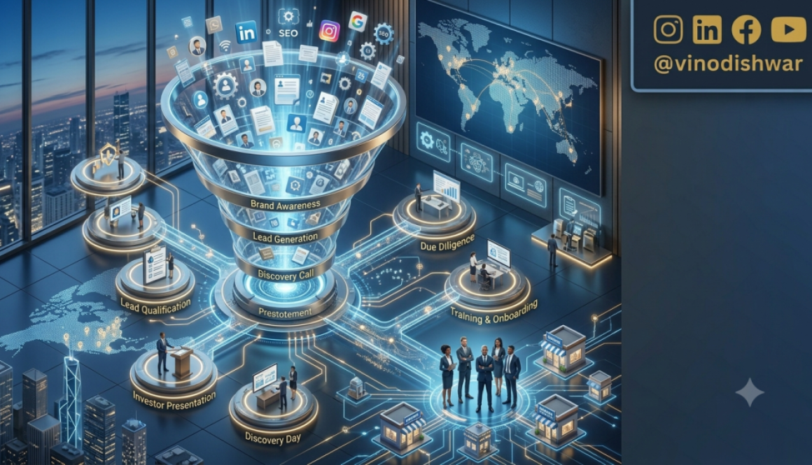 Franchise Sales Funnel illustrating the complete investor journey from lead generation and qualification to franchise onboarding and successful business expansion.