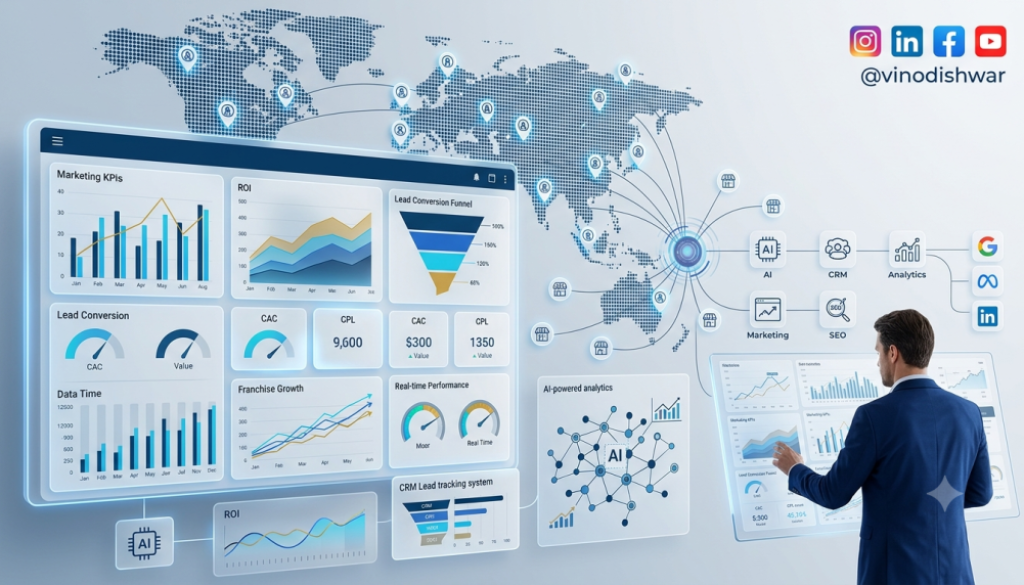 Marketing Analytics for Franchise Businesses dashboard showing AI analytics, CRM integration, marketing KPIs, ROI tracking and franchise growth metrics.