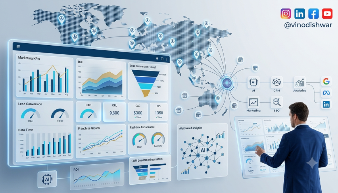 Marketing Analytics for Franchise Businesses dashboard showing AI analytics, CRM integration, marketing KPIs, ROI tracking and franchise growth metrics.