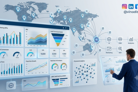 Marketing Analytics for Franchise Businesses dashboard showing AI analytics, CRM integration, marketing KPIs, ROI tracking and franchise growth metrics.