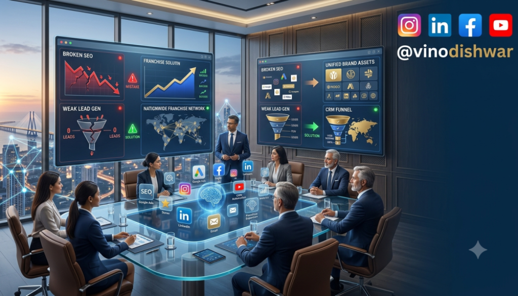 Franchise Marketing Mistakes illustrating branding errors, SEO optimization, CRM automation, lead generation, local marketing and franchise growth strategy