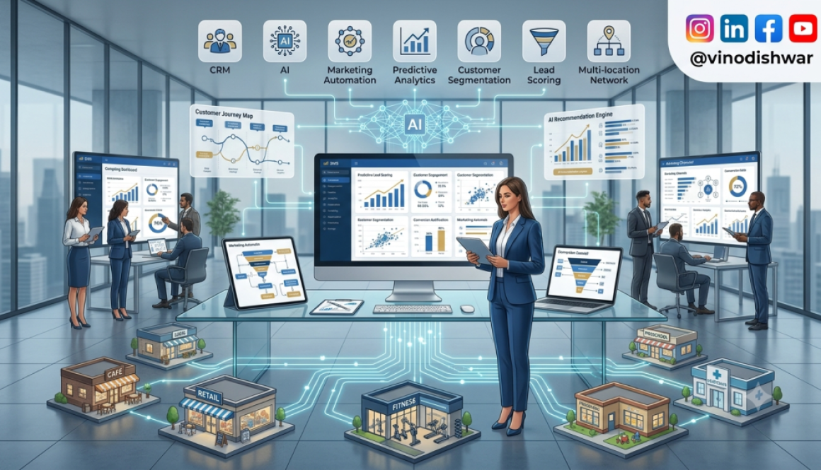 AI in Franchise Marketing dashboard with marketing automation, CRM integration, analytics, and multi-location franchise growth