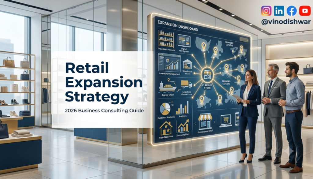 Retail Expansion Strategy showing a modern retail business expanding into multiple store locations through scalable systems, franchising, inventory management, and business growth planning.