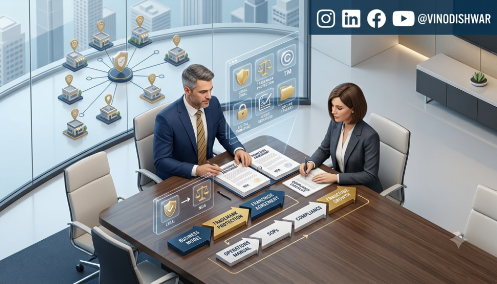 Legal & Documentation for Franchising framework with franchise agreements, SOPs, trademark protection, and compliance systems