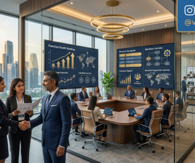 Franchise Investor Presentation showing a franchise consultant presenting a business expansion strategy and investment opportunity to prospective franchise investors in a modern executive boardroom.