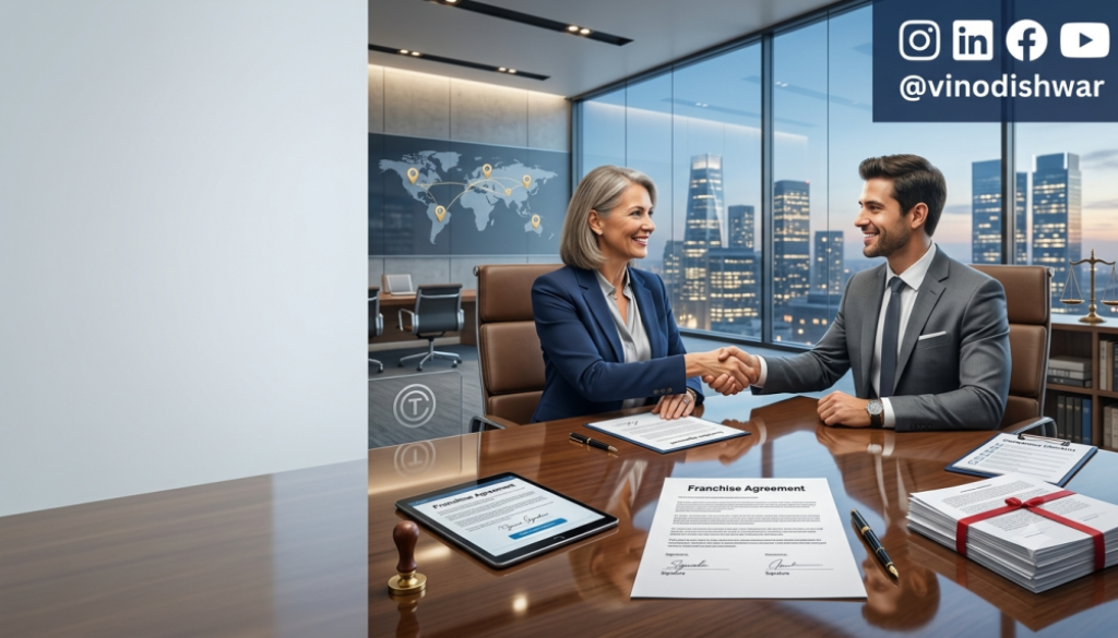 Franchise Agreement Guide showing a franchisor and franchisee signing a franchise agreement during a business meeting