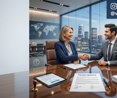 Franchise Agreement Guide showing a franchisor and franchisee signing a franchise agreement during a business meeting