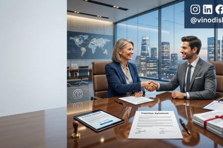 Franchise Agreement Guide showing a franchisor and franchisee signing a franchise agreement during a business meeting