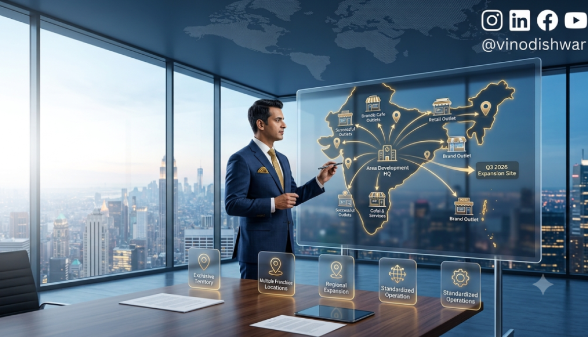 Area Development Franchise Guide showing a regional developer managing multiple franchise outlets within an exclusive territory