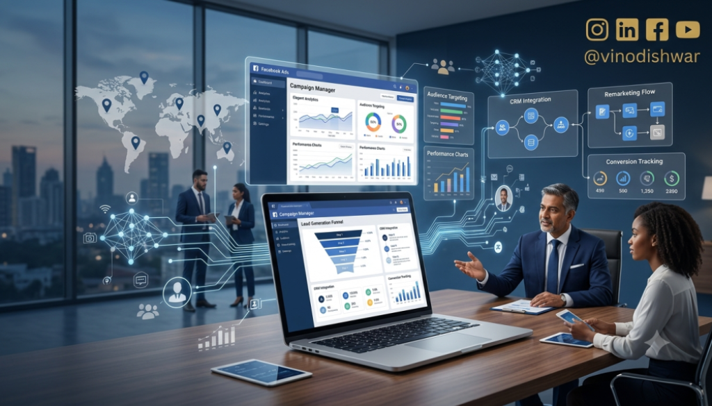 Facebook Ads for Franchise Recruitment strategy showing AI audience targeting, CRM integration, lead generation, remarketing, and franchise investor acquisition.