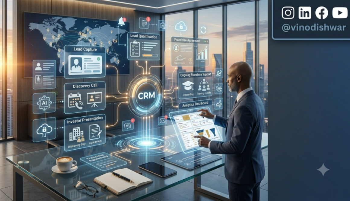 Franchise CRM Guide dashboard showing AI-powered franchise lead management, sales pipeline automation, investor tracking, and franchisee relationship management system.