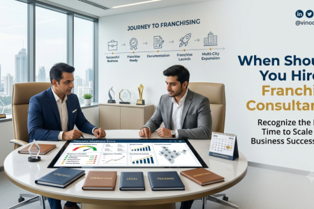Business owner meeting with franchise consultant before franchise expansion