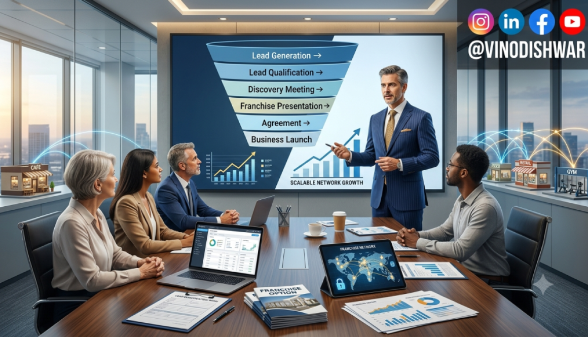 Franchise Sales Development process showing franchise lead generation, sales funnel, CRM management, franchise recruitment, and business expansion strategy