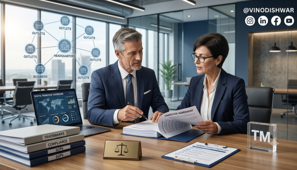 Legal & Documentation for Franchising framework with franchise agreements, trademark protection, SOPs, compliance documents, and business legal systems