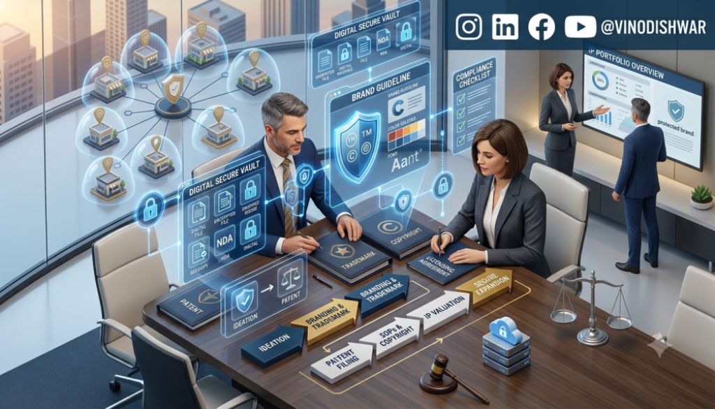 Intellectual Property in Franchise Development with trademark protection, legal documentation, brand security, and franchise asset management