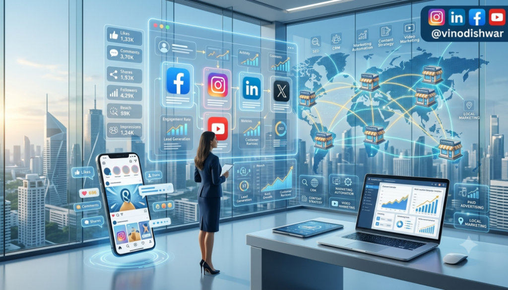 Branding: Include Instagram, LinkedIn, Facebook, and YouTube icons with the handle @vinodishwar in the top-right corner. Make sure to Increase the size of the social media handle and make it look visible Do NOT include the Franchise Alpha logo or any watermark. make sure that the image you generate now is unique than the previous ones make sure to generate a unique image