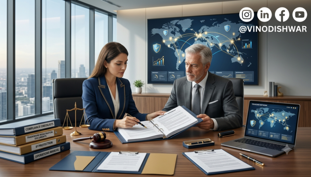 Legal Framework for Franchise Businesses showing franchise agreements, legal compliance, intellectual property protection, and franchise governance